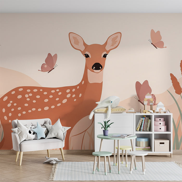 Tapet pentru cameră de bebeluși | Cerb delicat înconjurat de fluturi într-un peisaj blând
