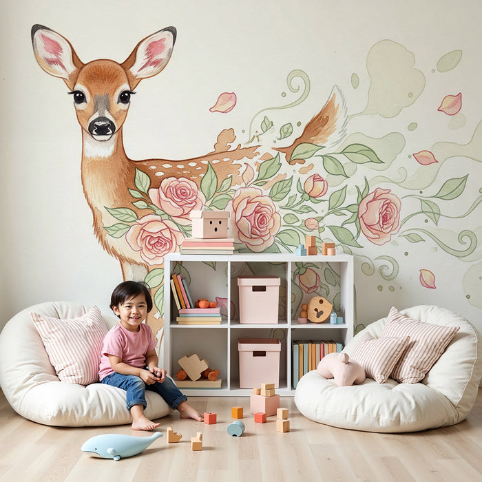 Papier peint chambre bébé | Faon délicat entouré de roses et de feuillage