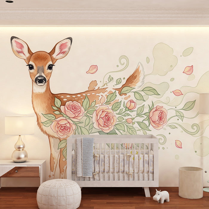 Papier peint chambre bébé | Faon délicat entouré de roses et de feuillage
