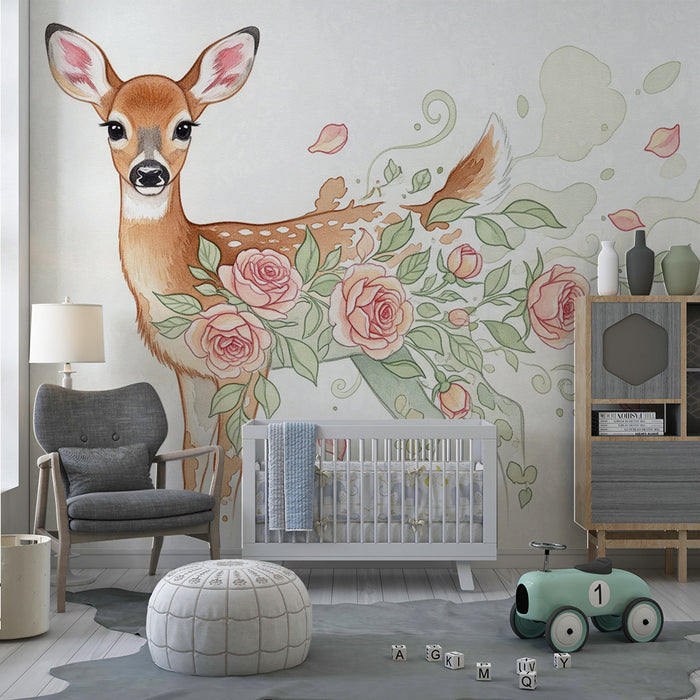 Papier peint chambre bébé | Faon délicat entouré de roses et de feuillage
