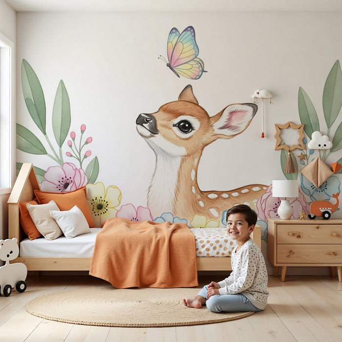 Babyzimmer Tapete | Zarter Reh und Pastellblumen
