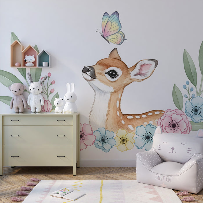 Babyzimmer Tapete | Zarter Reh und Pastellblumen