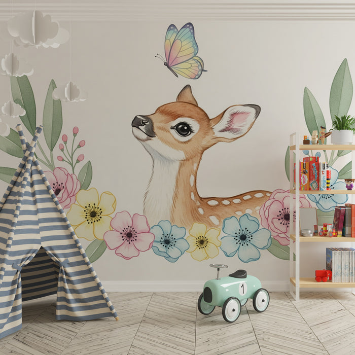 Babyzimmer Tapete | Zarter Reh und Pastellblumen