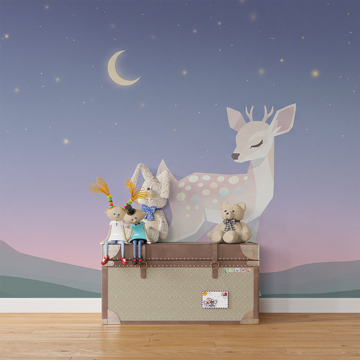 Babykamer behang | Delicate fawn onder een sterrenhemel