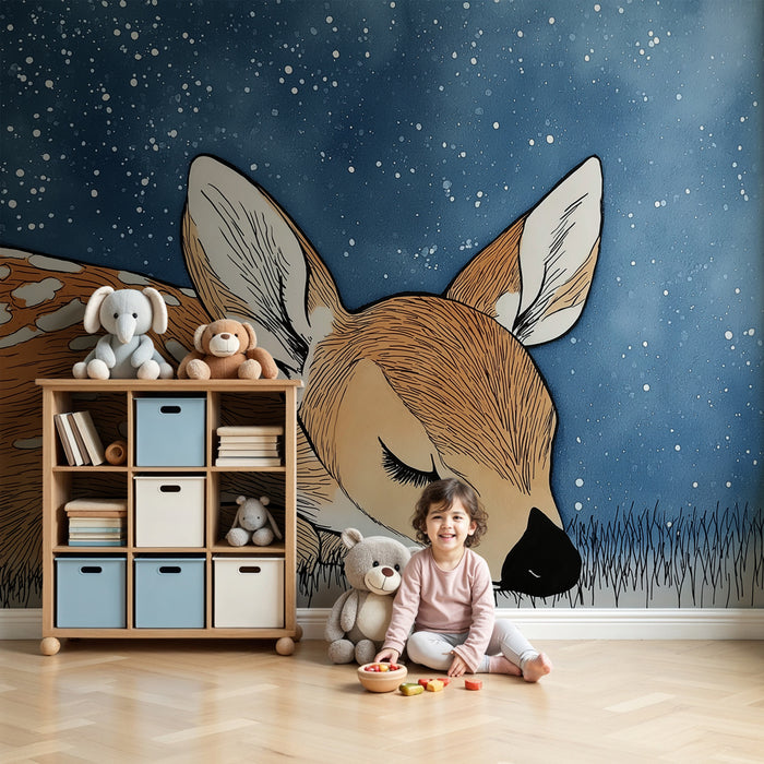Papier peint chambre bébé | Faon délicat sous un ciel étoilé