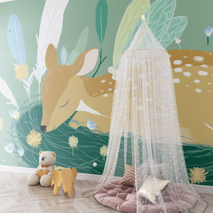 Tapet barnerom | Søvnig fawn med fevinger i en blomsterdekor