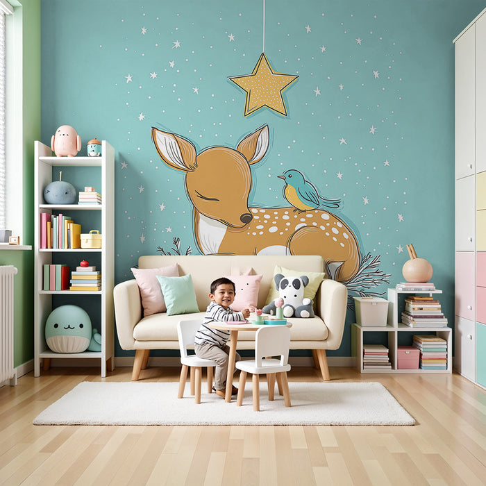 Papier peint chambre bébé | Faon endormi avec un oiseau sur fond turquoise