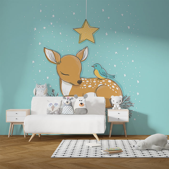 Papier peint chambre bébé | Faon endormi avec un oiseau sur fond turquoise