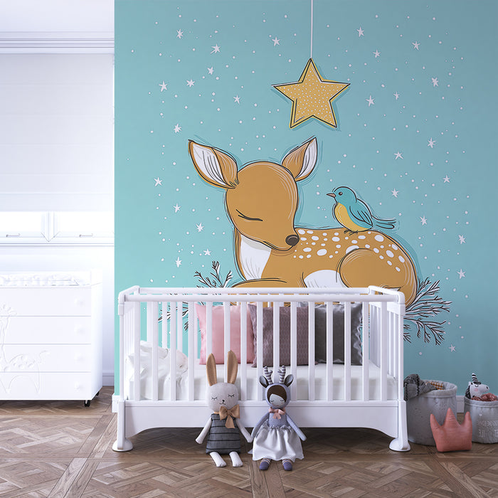 Papier peint chambre bébé | Faon endormi avec un oiseau sur fond turquoise