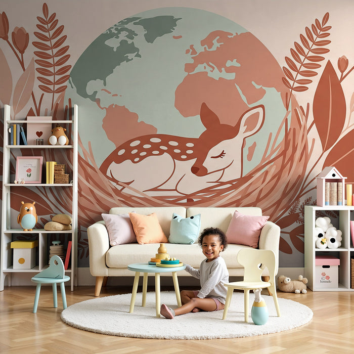 Papel pintado infantil | Ciervo dormido en un nido con un globo terráqueo