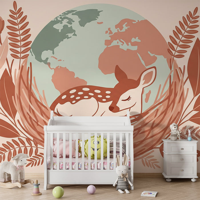 Papel pintado infantil | Ciervo dormido en un nido con un globo terráqueo