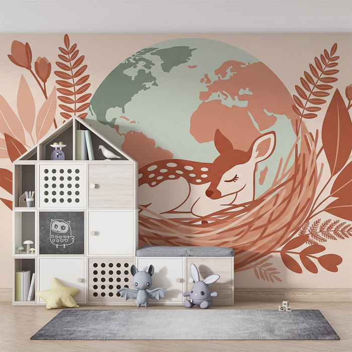 Papel pintado infantil | Ciervo dormido en un nido con un globo terráqueo