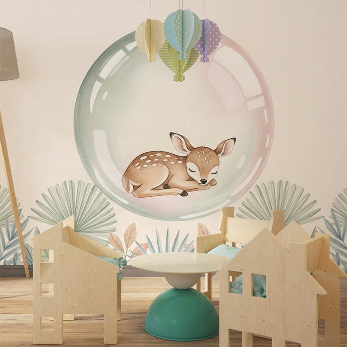 Papier peint chambre bébé | Faon endormi dans une bulle
