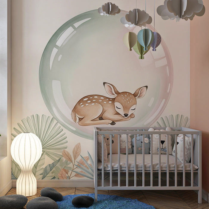 Papier peint chambre bébé | Faon endormi dans une bulle