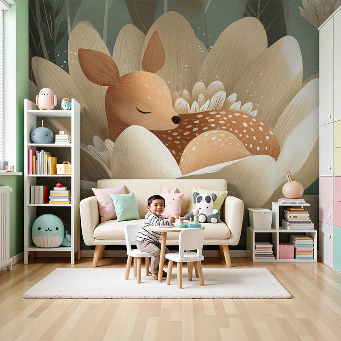Papier peint chambre bébé | Faon endormi dans une fleur