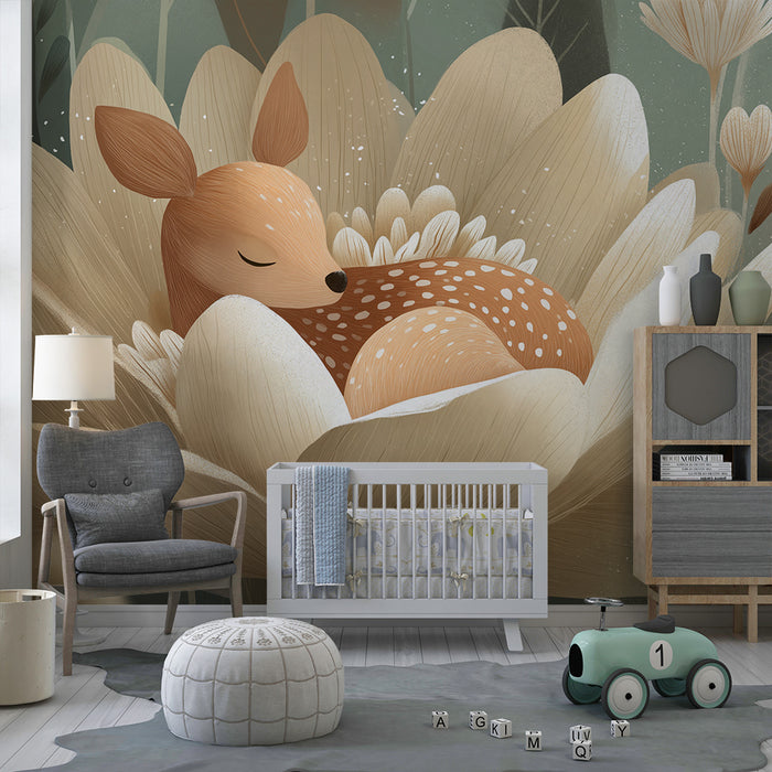 Papier peint chambre bébé | Faon endormi dans une fleur
