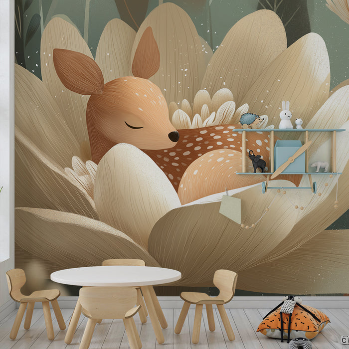 Papier peint chambre bébé | Faon endormi dans une fleur