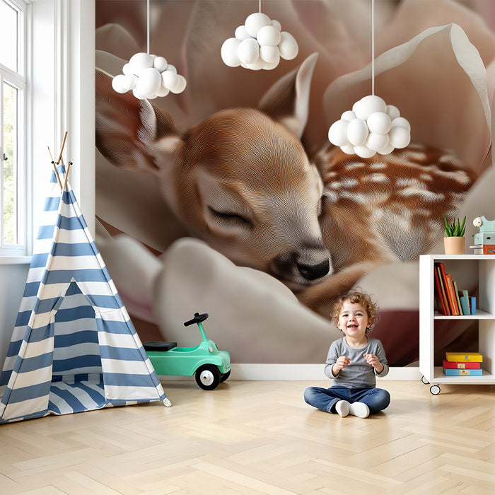 Papel de perete cameră bebeluși | Cerb adormit într-o floare în plan apropiat