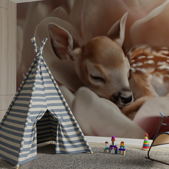 Papel de perete cameră bebeluși | Cerb adormit într-o floare în plan apropiat