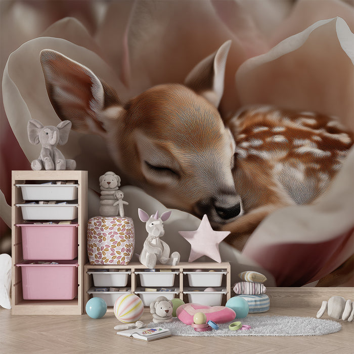 Papel de perete cameră bebeluși | Cerb adormit într-o floare în plan apropiat