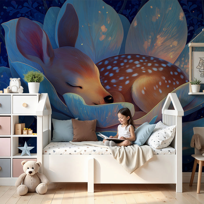 Børneværelse tapet | Sovende fawn i en lys blomst under en stjernehimmel