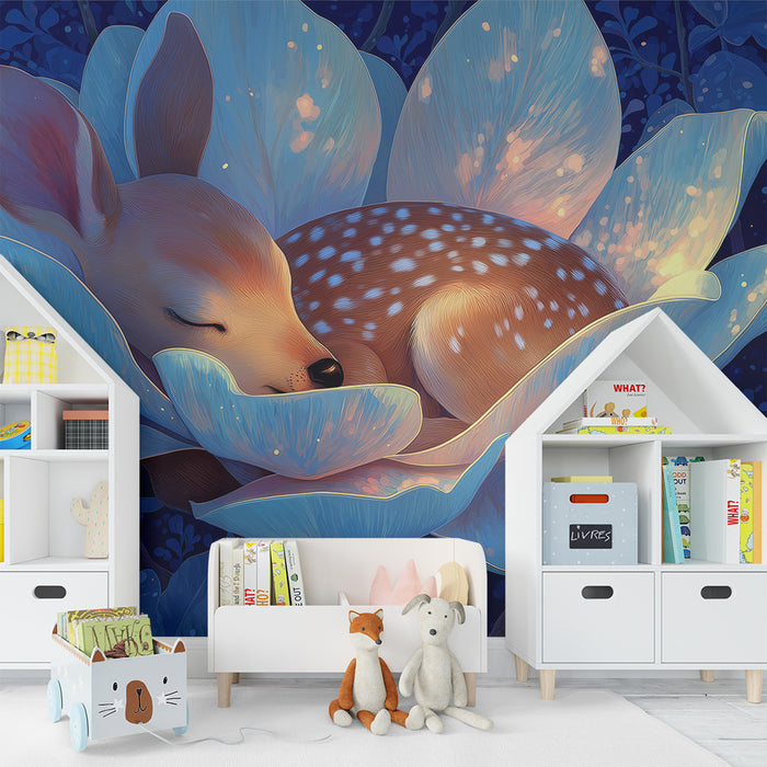 Børneværelse tapet | Sovende fawn i en lys blomst under en stjernehimmel