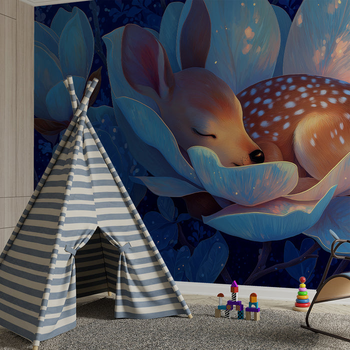 Børneværelse tapet | Sovende fawn i en lys blomst under en stjernehimmel