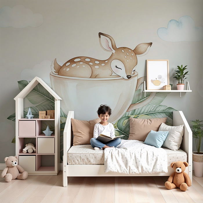 Papier peint chambre bébé | Faon endormi dans une tasse