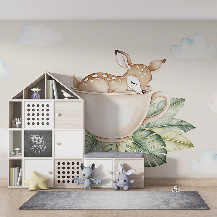 Papier peint chambre bébé | Faon endormi dans une tasse