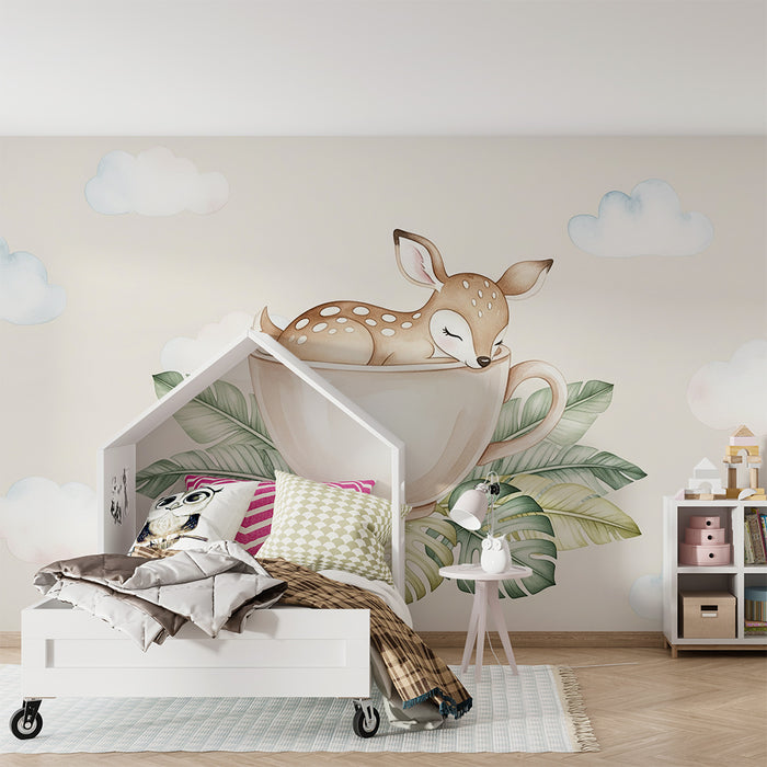 Papier peint chambre bébé | Faon endormi dans une tasse
