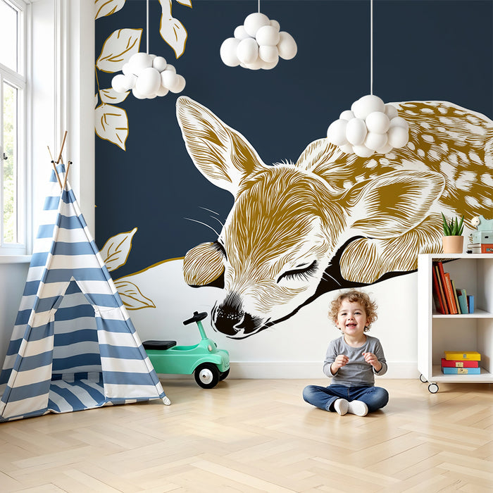 Papier peint chambre bébé | Faon endormi entouré de feuillage délicat