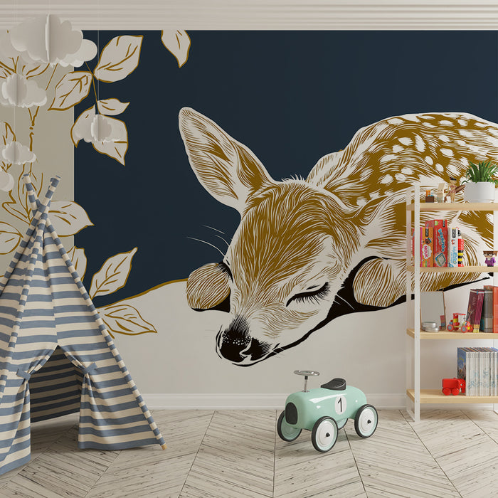 Papier peint chambre bébé | Faon endormi entouré de feuillage délicat