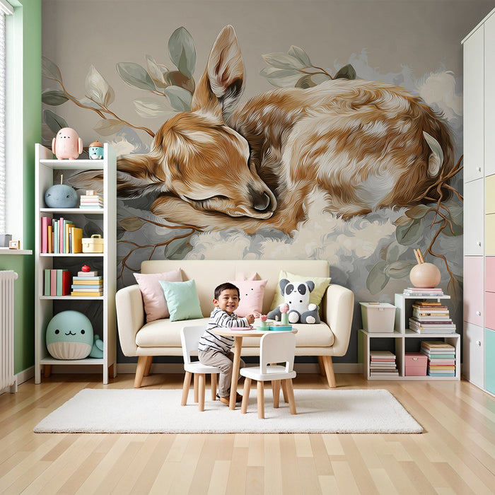 Papier peint chambre bébé | Faon endormi entouré de feuillage doux