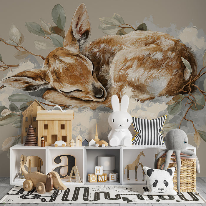 Papier peint chambre bébé | Faon endormi entouré de feuillage doux