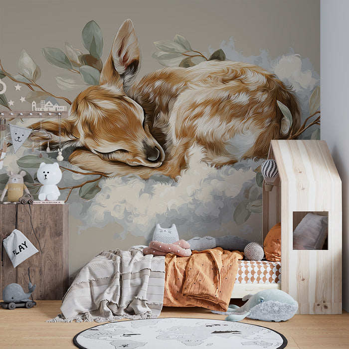 Papier peint chambre bébé | Faon endormi entouré de feuillage doux