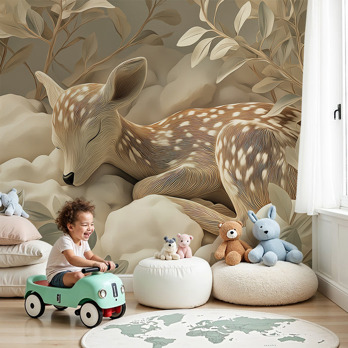 Papier peint chambre bébé | Faon endormi entouré de feuillage doux