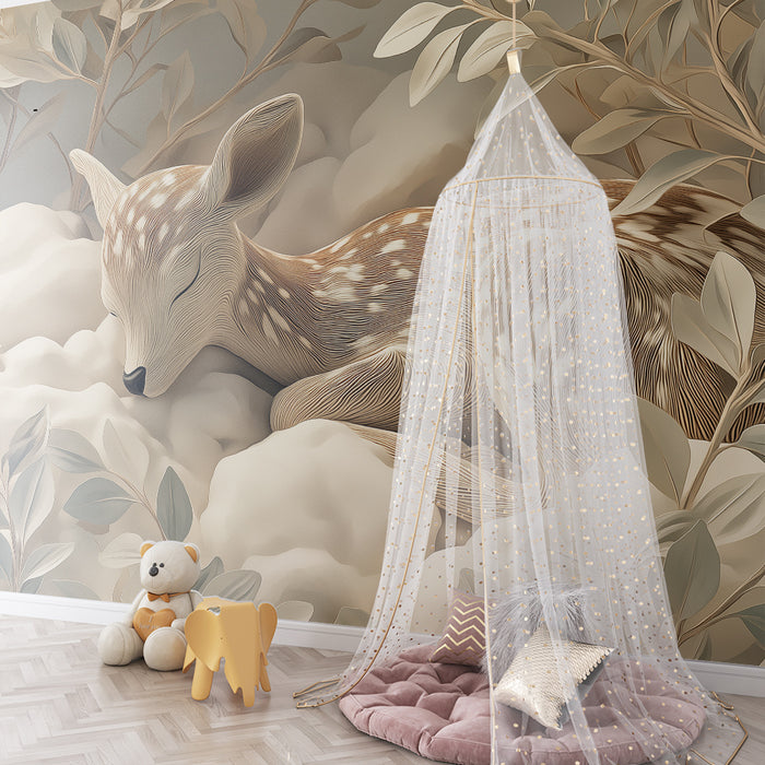 Papier peint chambre bébé | Faon endormi entouré de feuillage doux