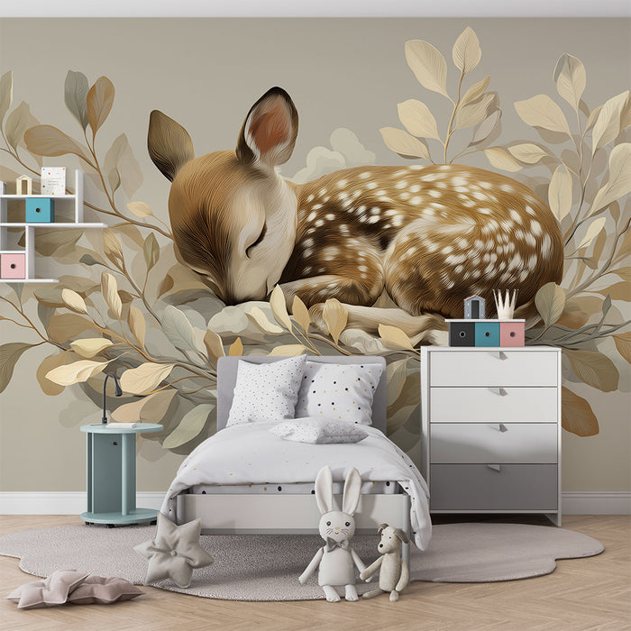 Børneværelse tapet | Sovende hjort omgivet af bløde blade