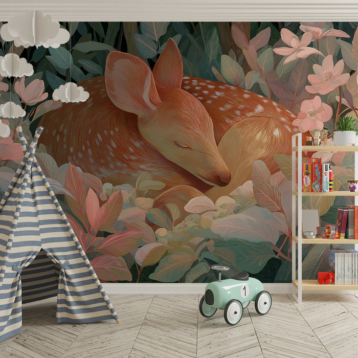 Tapet za dječju sobu | Sanjivi jelen okružen cvijećem i nježnim lišćem