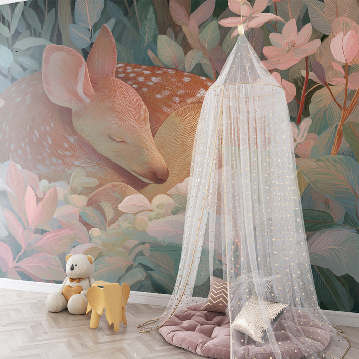 Tapet za dječju sobu | Sanjivi jelen okružen cvijećem i nježnim lišćem