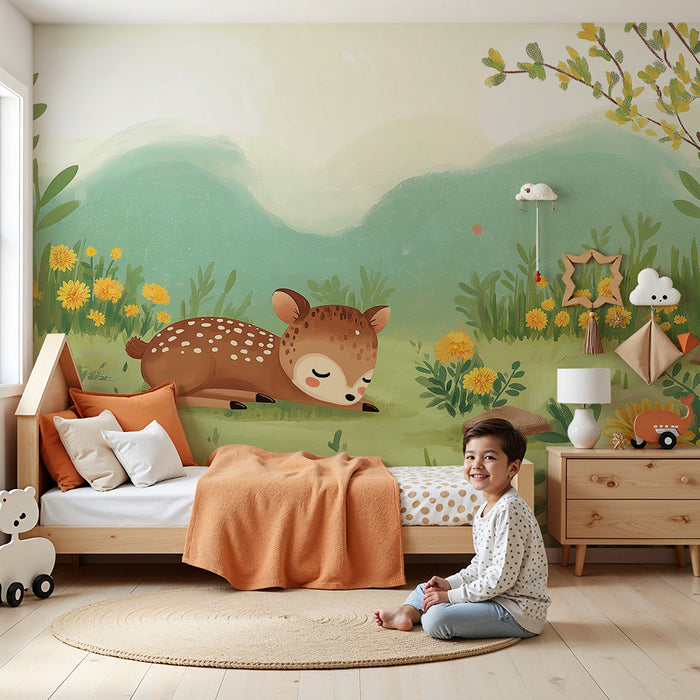 Tapet barnerom | Søvnig fawn omgitt av gule blomster i et fredelig landskap