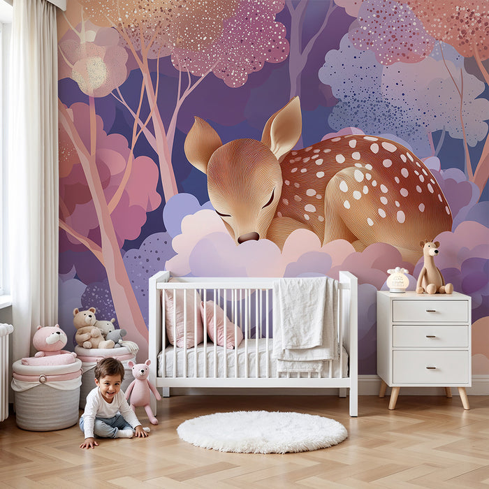 Tapeta dětského pokoje | Usnutý jelen mezi pastelovými oblaky a barevnými stromy
