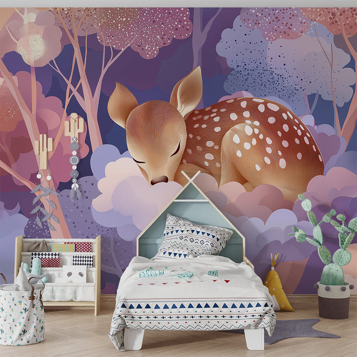 Tapeta dětského pokoje | Usnutý jelen mezi pastelovými oblaky a barevnými stromy