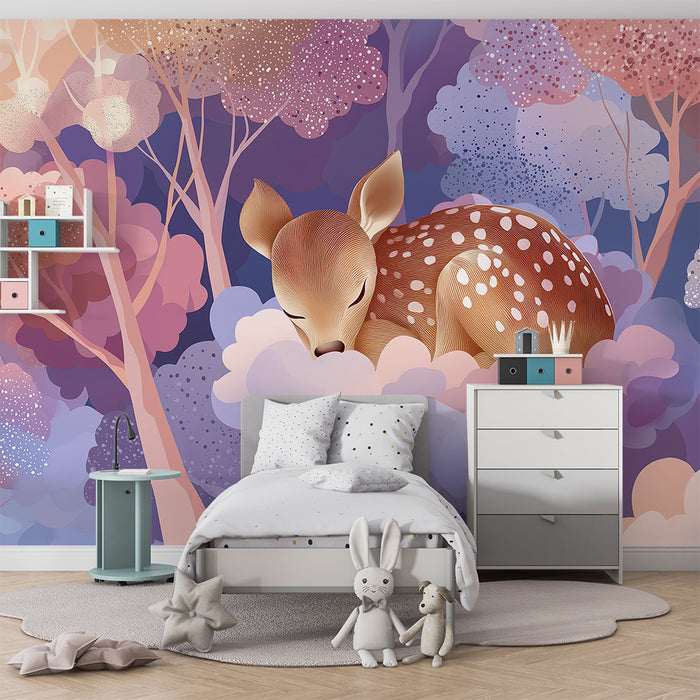 Tapeta dětského pokoje | Usnutý jelen mezi pastelovými oblaky a barevnými stromy