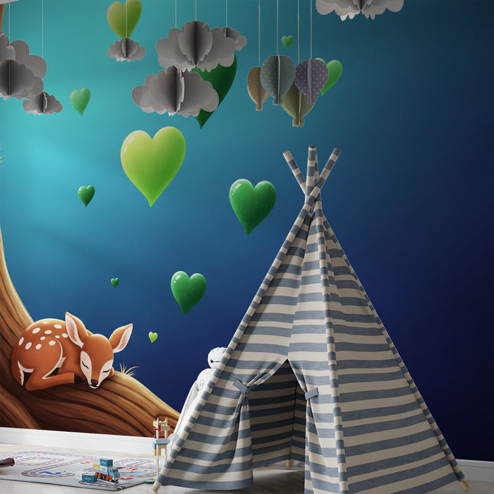 Tapet barnerom | Søvnig fawn under svevende hjerter