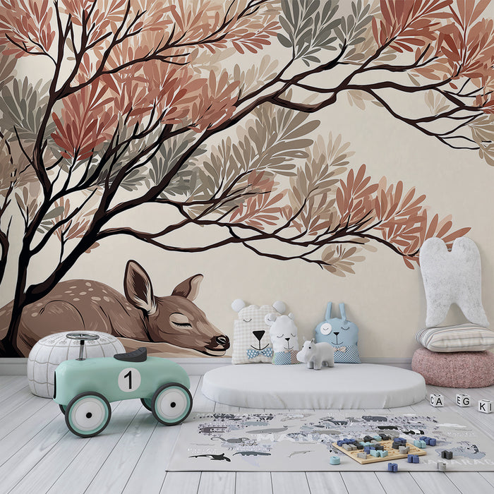 Lastenhuoneen tapetti | Uninen hirvi istuu värikkään lehtipuun alla