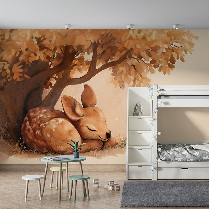 Nursery room wallpaper | Álmos fawn egy arany levelekkel borított fa alatt