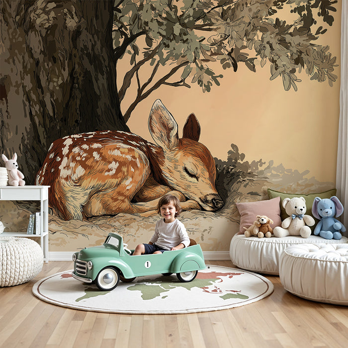 Nursery room wallpaper | Sleepy fawn under a tree with soft foliage