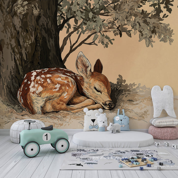 Nursery room wallpaper | Sleepy fawn under a tree with soft foliage