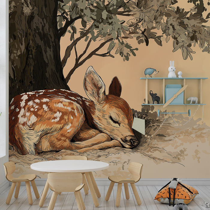 Nursery room wallpaper | Sleepy fawn under a tree with soft foliage